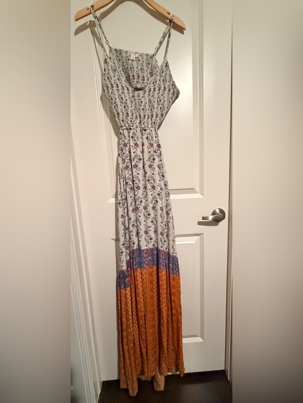 Xhilaration Floral Smocked Maxi Dress in White, Blue & Orange